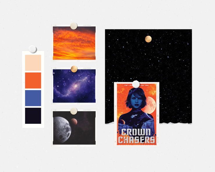 Collage of different pictures of space and the cover for the book Crownchasers by Rebecca Coffindaffer.