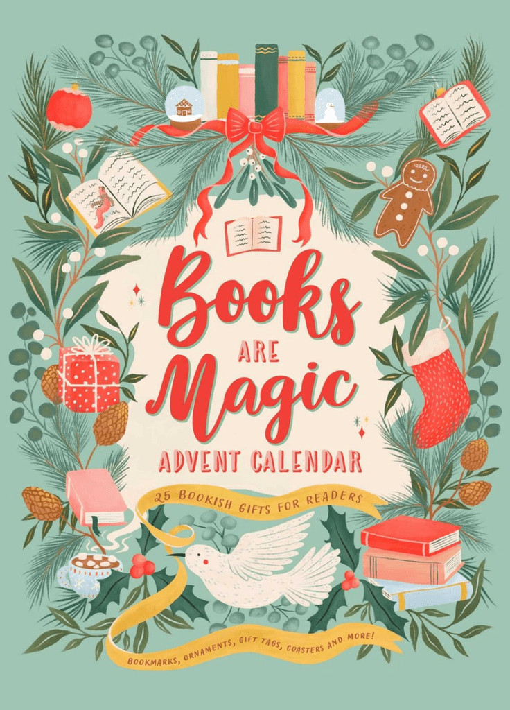 Een adventskalender met de titel "Books Are Magic Advent Calendar" in een feestelijke verpakking. De kalender toont een ontwerp in warme kleuren met boekgerelateerde afbeeldingen en belooft 25 verrassingen speciaal voor lezers.